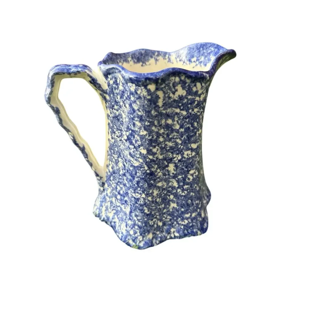 VTG Molly Dallas Blue Spatterware Ohio Folk Apple Tree Pitcher Wavy Handle 6.5
